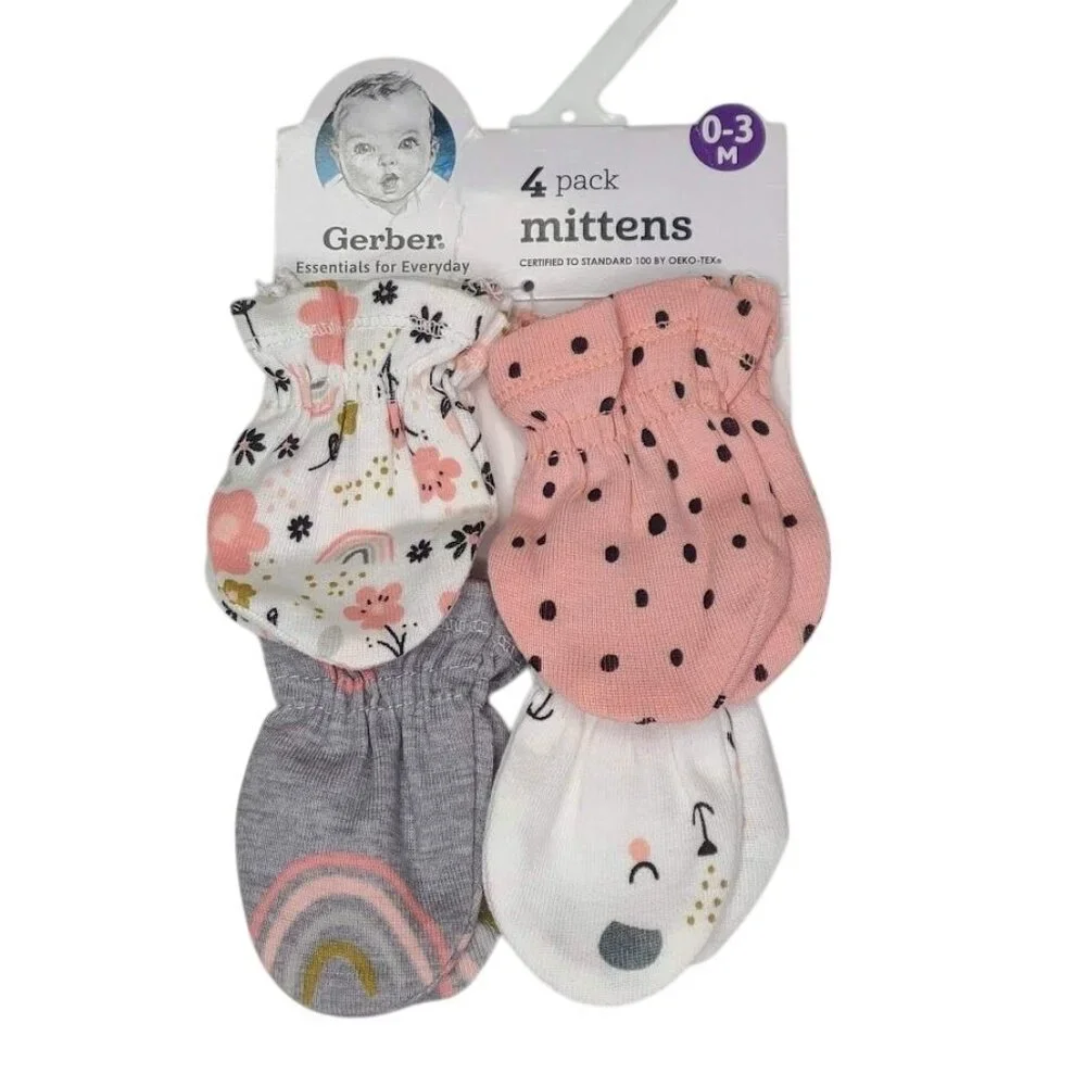 Gerber 4 Pack Baby Girl Mittens 0-3 Months New With Tags